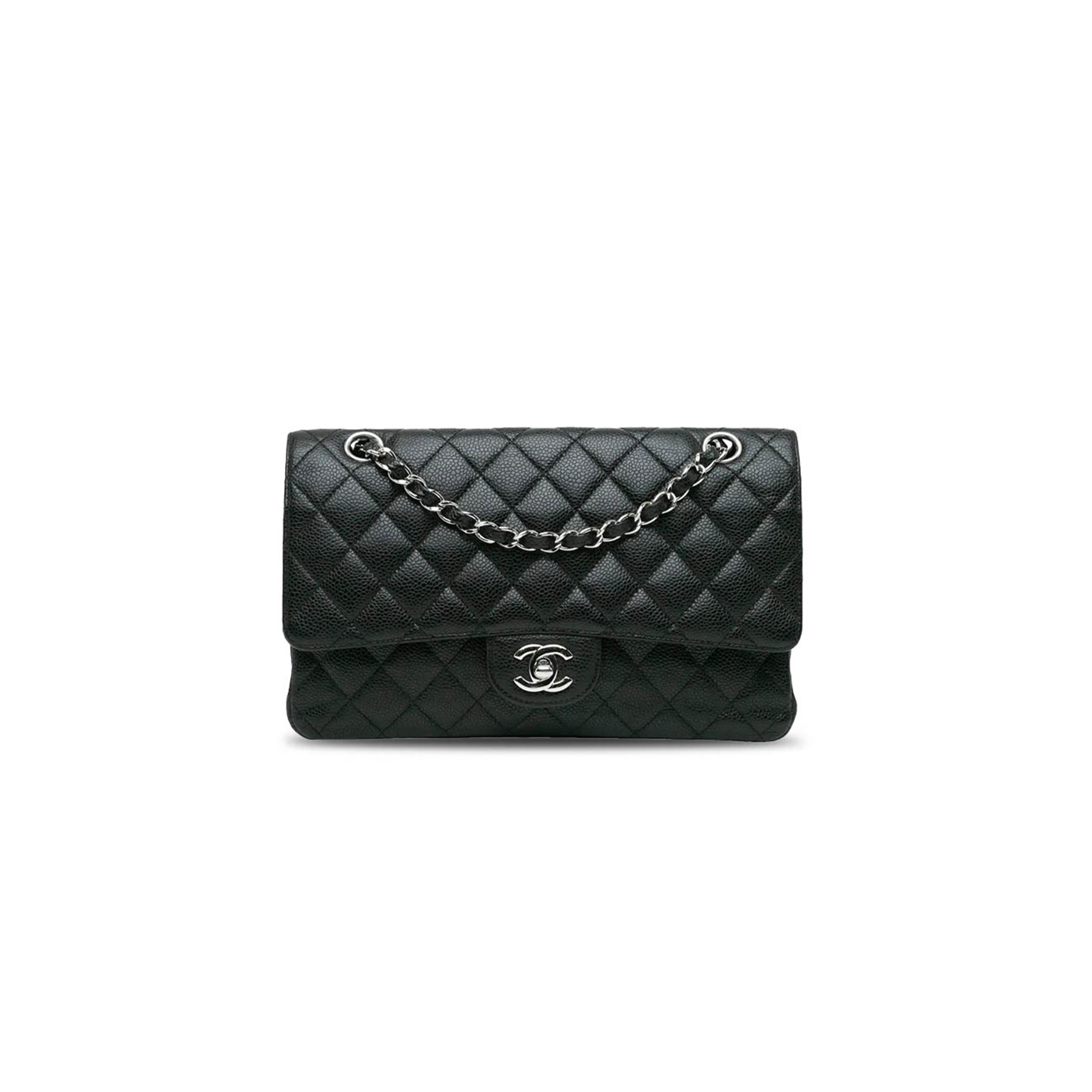 CHANEL MEDIUM CLASSIC FLAP BLACK CAVIAR SILVER HARDWARE  (25.5*16*7.5cm)